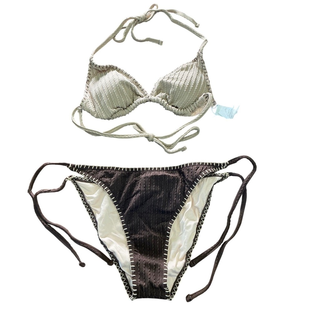 Womens Boho Earthtones Crochet Look Triangle Bikini Set + Wet Bag Size M NEW